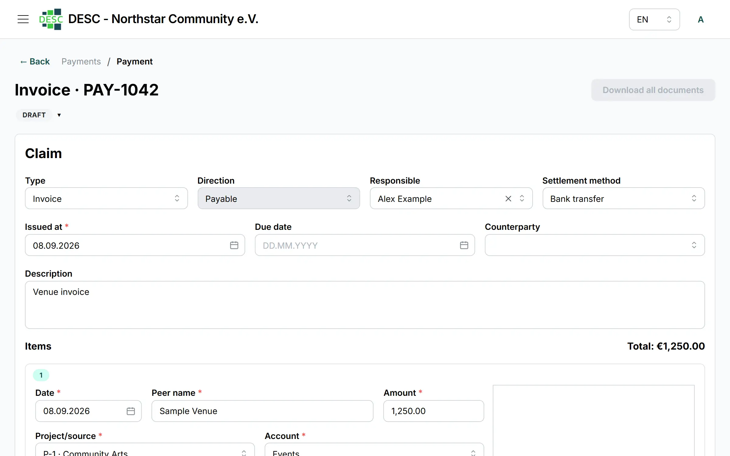 Payment-claim record with documents and processing status