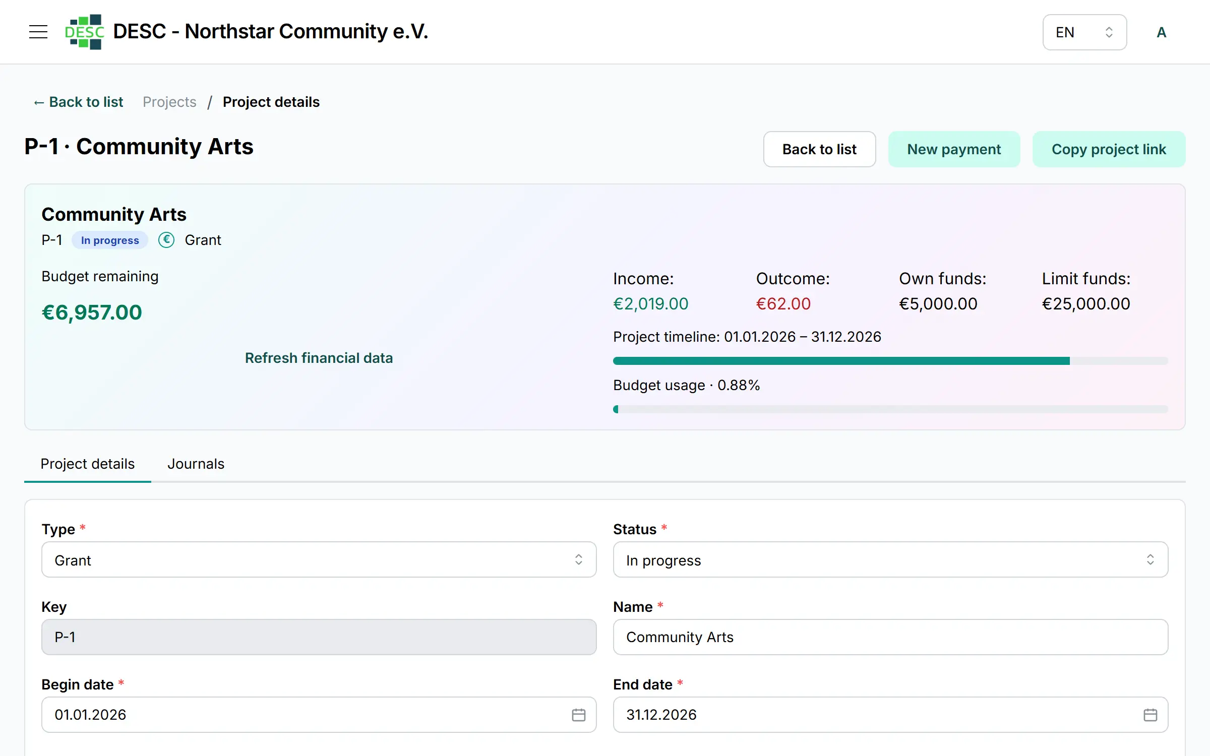 Project record with period, funding, income and expenses