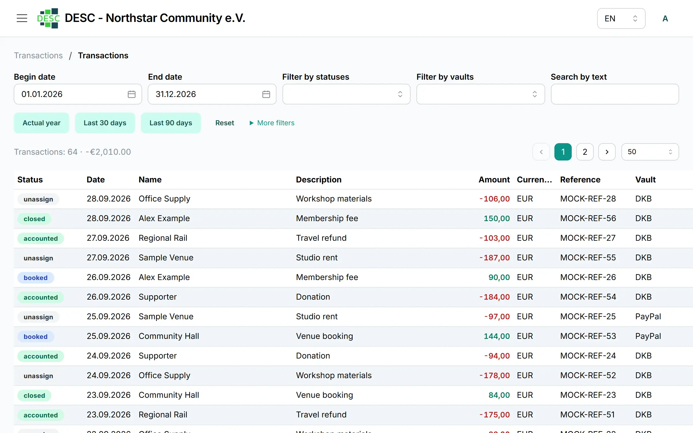 Bank-transaction table with filters and linked journal entries